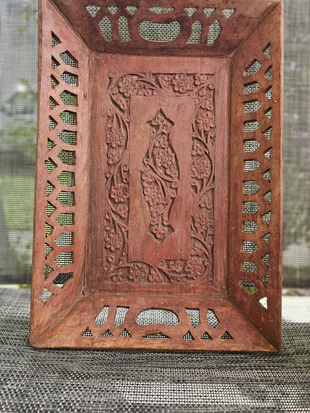 Vintage Hand Carved Wood Serving Tray India Boho Lattice Cutout Floral